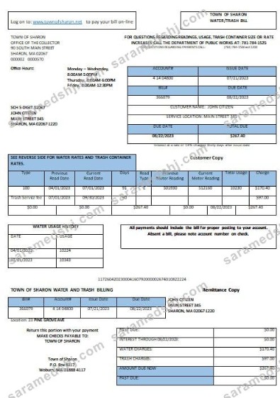 USA Sharon Town of Sharon water trash utility bill Word and PDF formats